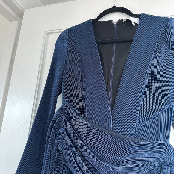 Galvan London Jumpsuit Sz 6 In Midnight Blue Pinstripe Velvet Devoré Plunge Neck - Picture 4 of 9
